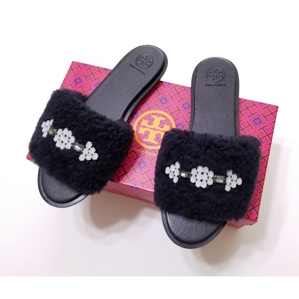 Tory Burch Aspen Crystal Embellished Shearling Slide Sandal Navy Size 9.5 $258